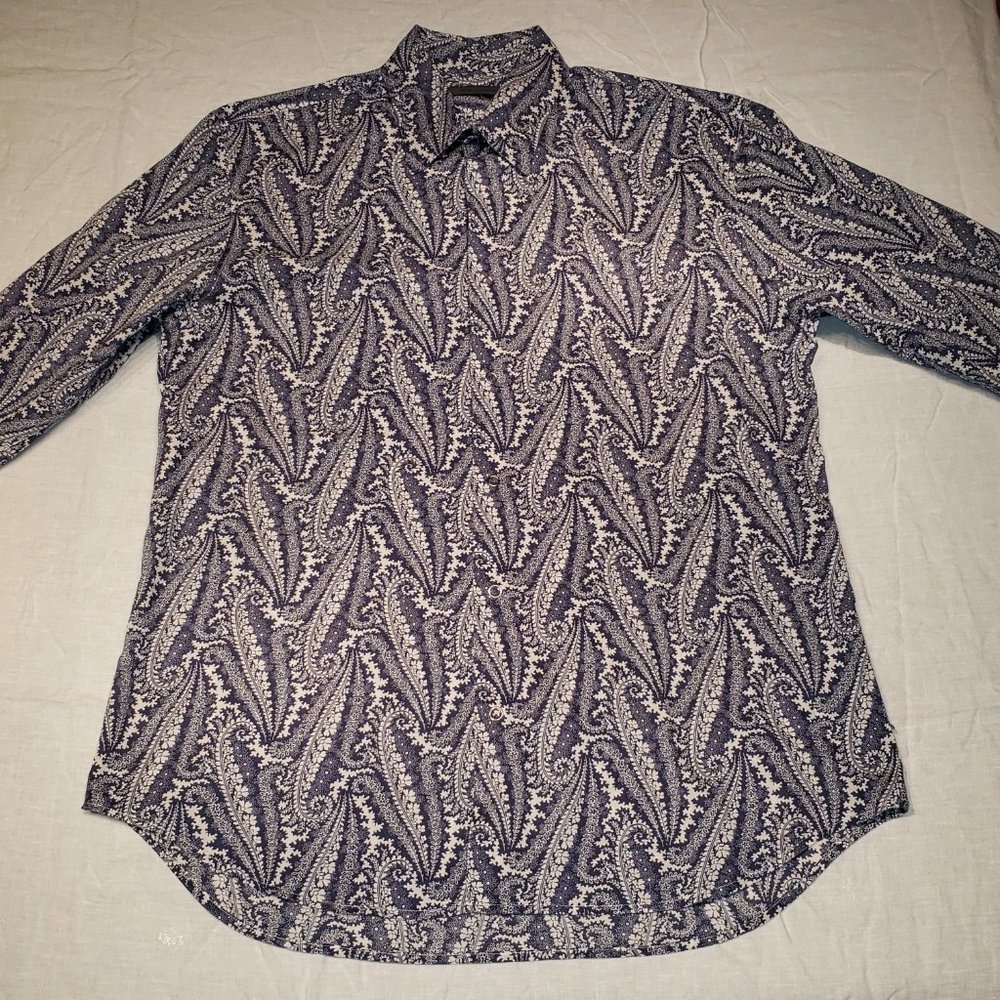 John Varvatos Snap-front Navy White Paisley Men's Shirt - M